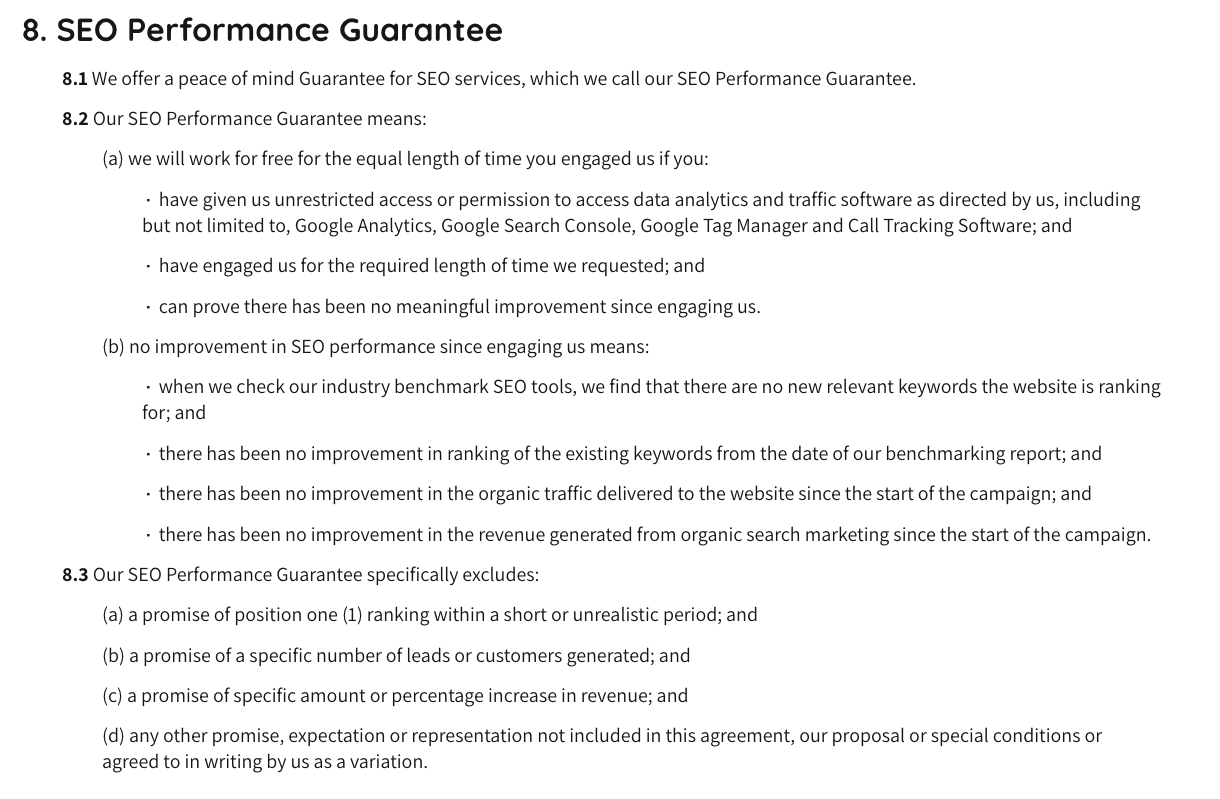 Example of a legitimate SEO performance guarantee written by a lawyer as part of a terms of service contract.