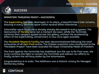 An image showing the completion of Operation: Enduring Peace in Helldivers 2.