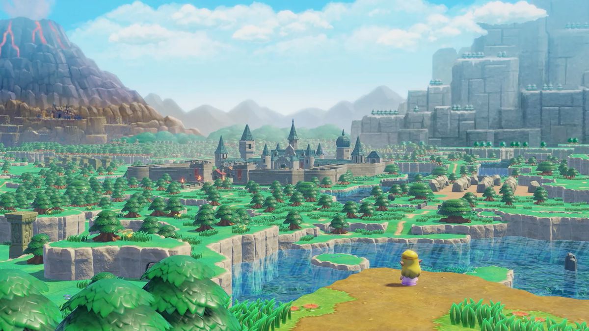 Princess Zelda stands before a wide landscape diorama with Hyrule Castle in the distance in The Legend of Zelda: Echoes of Wisdom