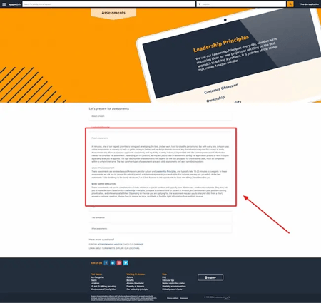 Screenshot of an FAQ page from Amazon’s website, showing details about the company’s assessment process and emphasizing its leadership principles.