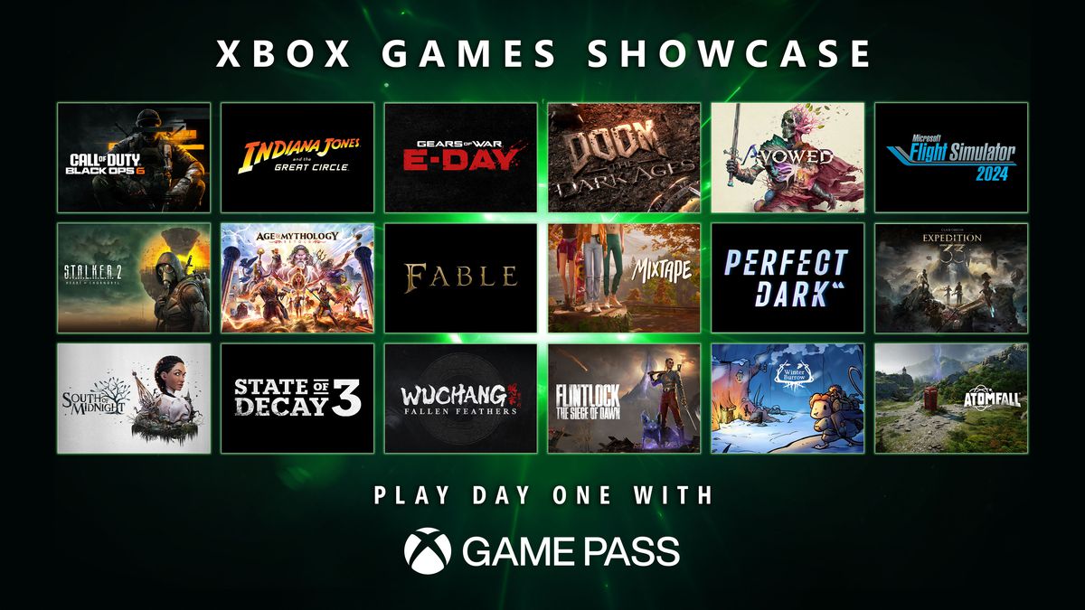 Title cards for 16 games above the words “Play day one with Game Pass”