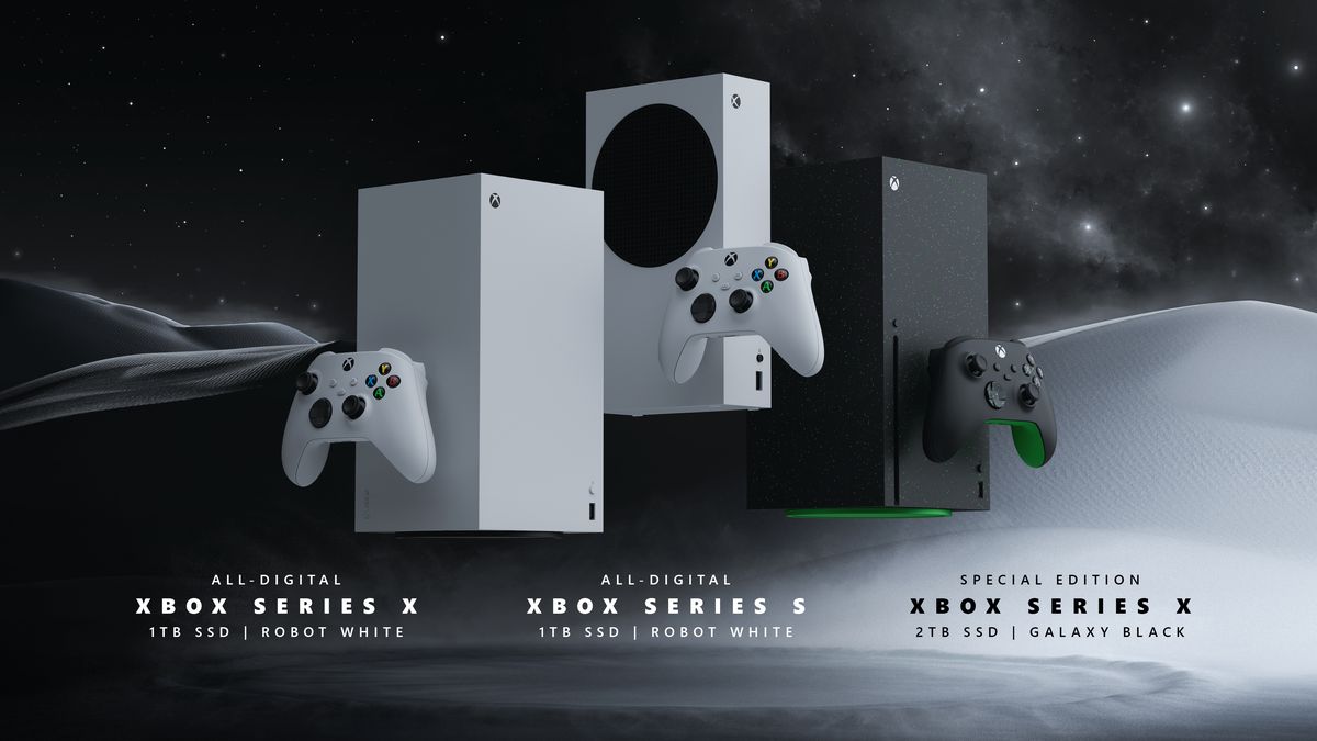 An image of a white all-digital Xbox Series X, a white Series S with 1 TB of storage and a black Series X with 2 TB of storage