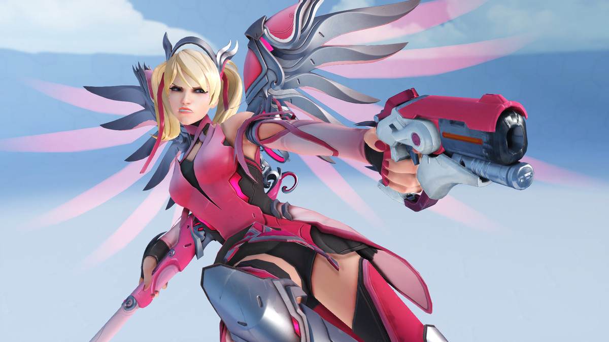 Overwatch - Mercy, a blonde woman with technological wings and a long staff, is wearing her Pink ski with ribbons and pink armor. She is raising her pistol, mid Play of the Game animation.