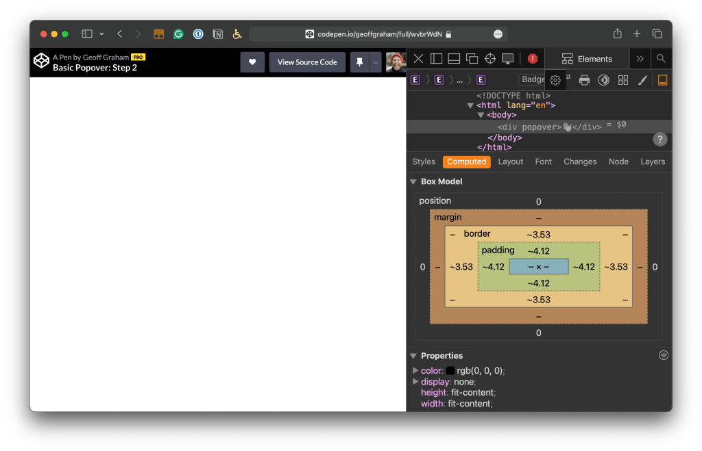 DevTools inspector showing the computed values for an element with the popover attribute.