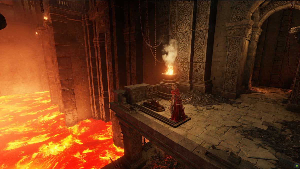 Elden Ring Shadow of the Erdtree lever to lower the lava pump in Ruined Forge Lava Intake