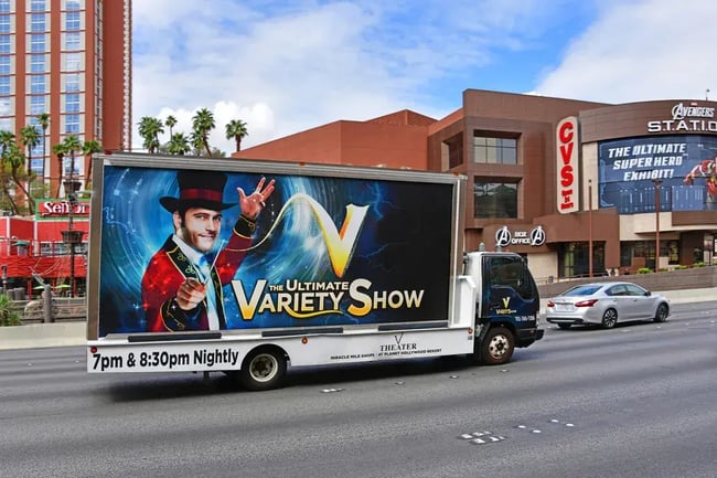 Mobile billboard advertising truck advertising a Las Vegas show.
