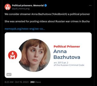 We consider streamer Anna Bazhutova (YokoBovich) a political prisoner She was arrested for posting videos about Russian war crimes in Bucha