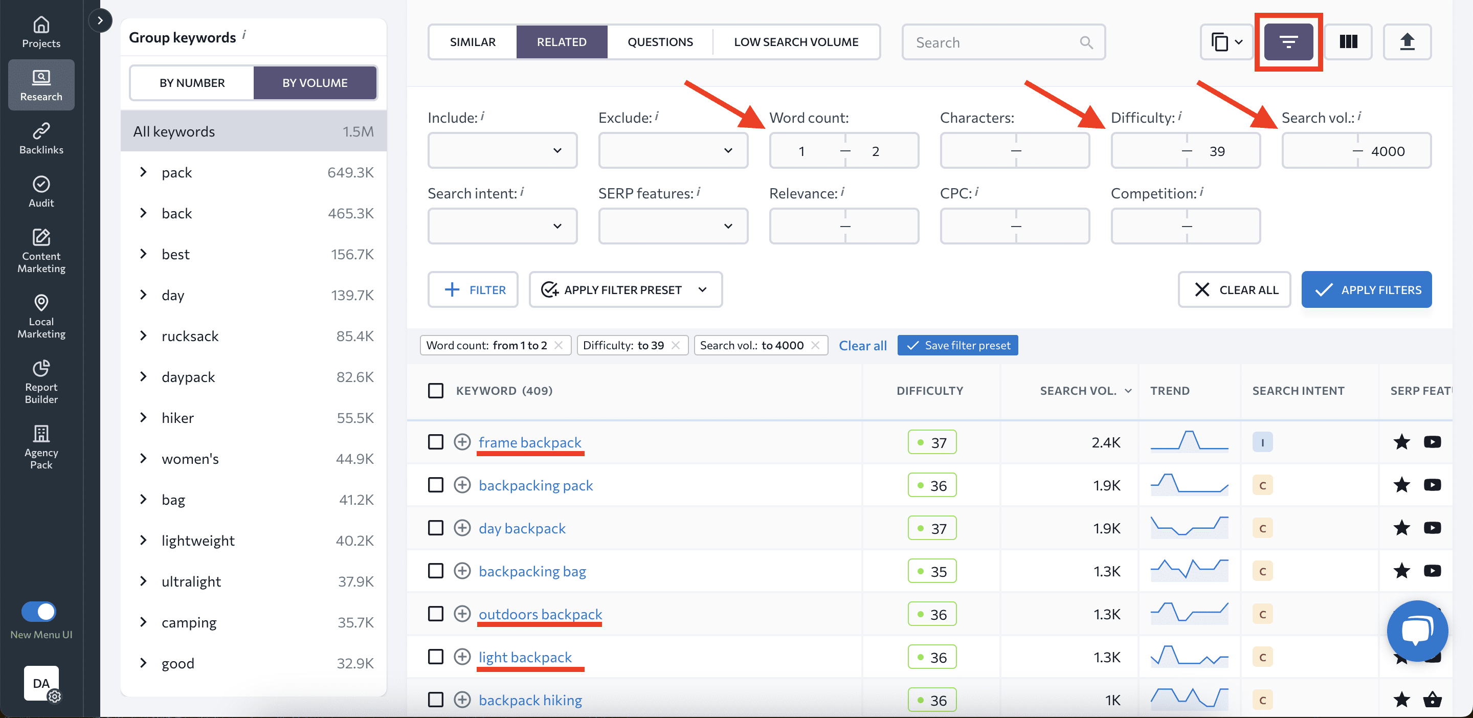 Apply filters to find seed keywords