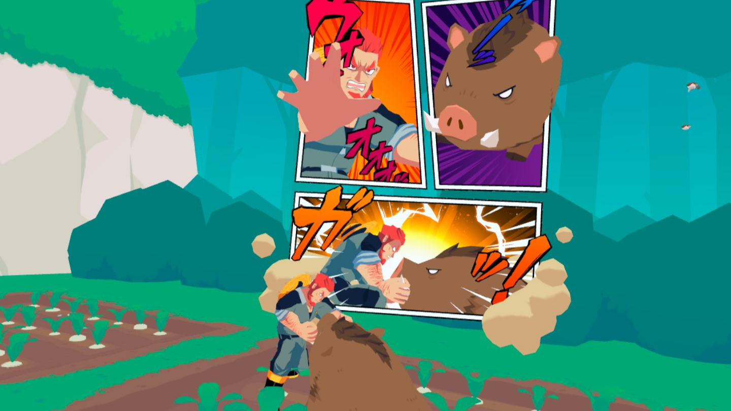 Sushi Ben screenshot. A farmer is wrestling a large boar