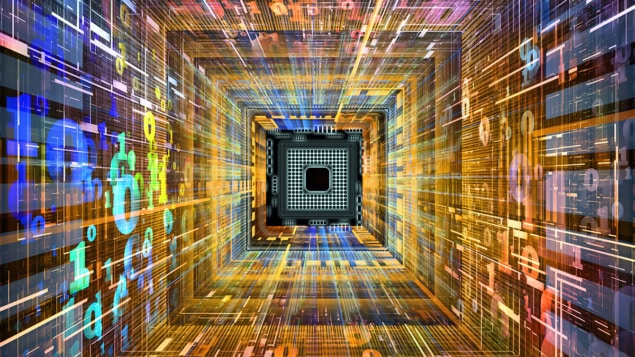 A CPU chip, colourful numbers and fractal elements in perspective