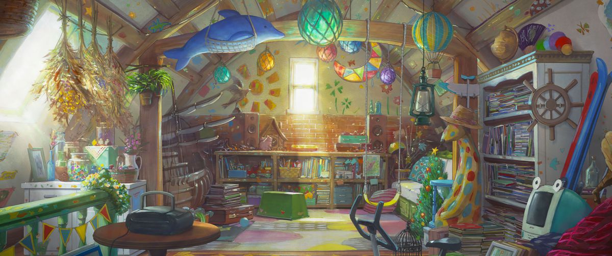 A lustrous, richly painted playroom full of toys, books, and decorations in Studio Ponoc’s The Imaginary