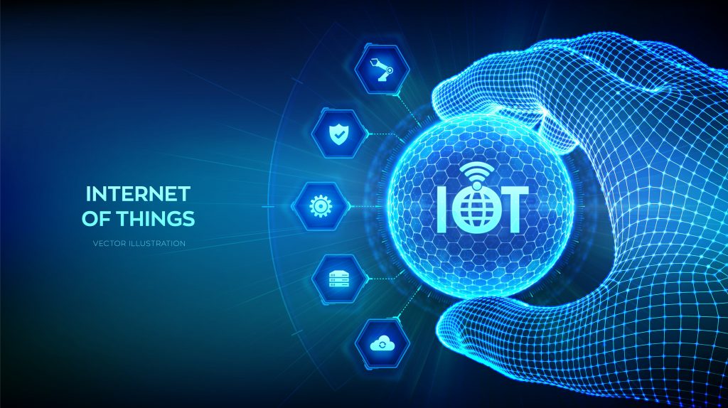 IOT. Internet of things logo in the shape of sphere with hexagon pattern in wireframe hand. Everything connectivity device concept network, and business with internet. Vector illustration