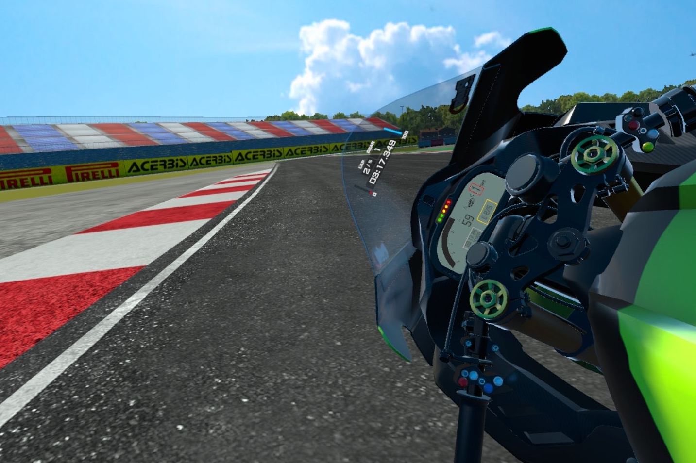 VRIDER screenshot - A motorbike leaning hard into a left turn, nearly toppling over.