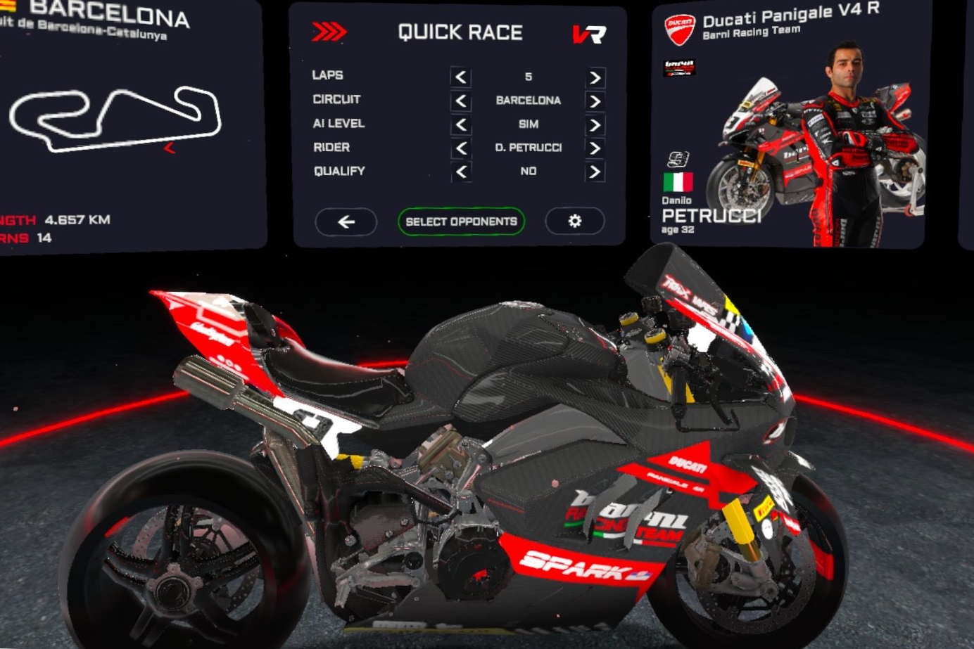 VRIDER screenshot - A menu for a racing game, motorbike in the front and a menu with several game options in the back.