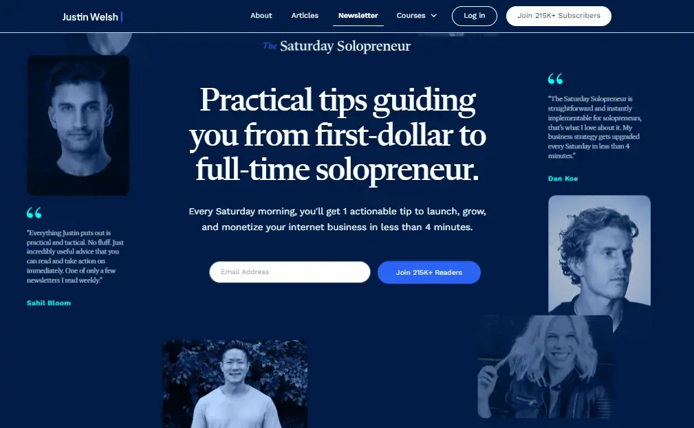 landing page example, justin welsh 