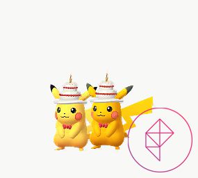 Pikachu with a cake hat on next to its shiny variant in Pokémon Go. Pikachu just becomes a slightly darker gold color.